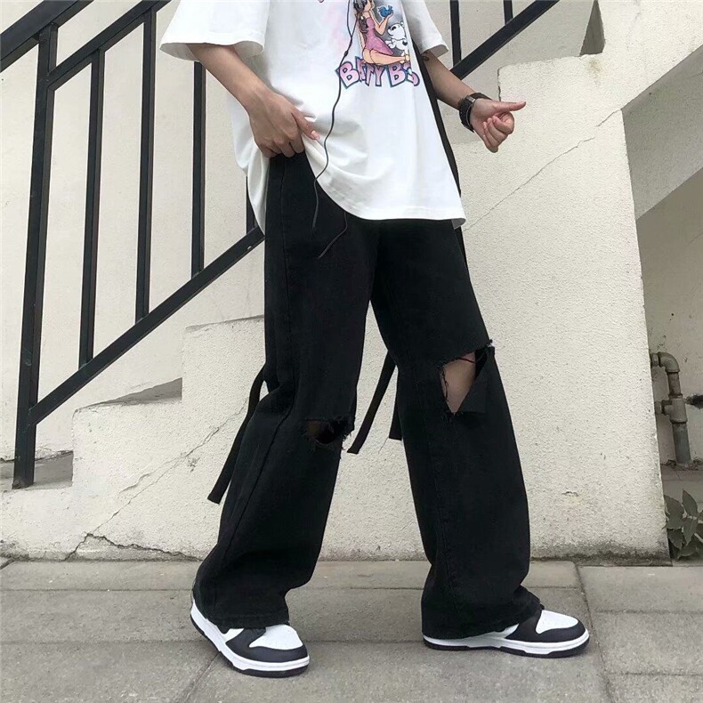 牛仔裤男痞子破洞港风2025夏新款黑色潮流帅气长裤休闲K327-P40,男装牛仔裤,星座412-3
