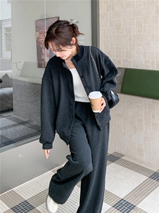 灰色松弛感加绒加厚立领卫衣两件套女2025冬季新款学院风显瘦卫裤图片