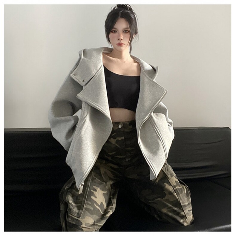 网图重磅380克全棉宽松设计感拉链套头连帽卫衣外套AH912-P58,女装短外套,四季星座610B