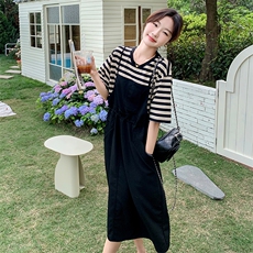 韩系条纹假两件连衣裙女夏2024新款女神范法式简约气质端庄大气，女装连衣裙，2C239