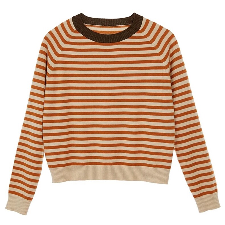 2026新款橘色条纹套头毛衣女，女装针织衫/毛衣，沐策羊绒