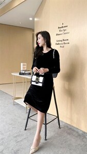 【现货】2021冬季新款 设计手工订钻丝绒连衣裙图片
