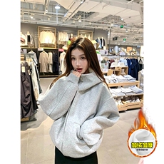 480G重磅加绒硬挺boxy男女秋冬美式高街防风高领卫衣开衫厚外套，女装短外套，电商A486