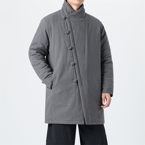 M2422^ 加厚棉衣 棉麻斜门襟盘扣立领中长款棉袄图片