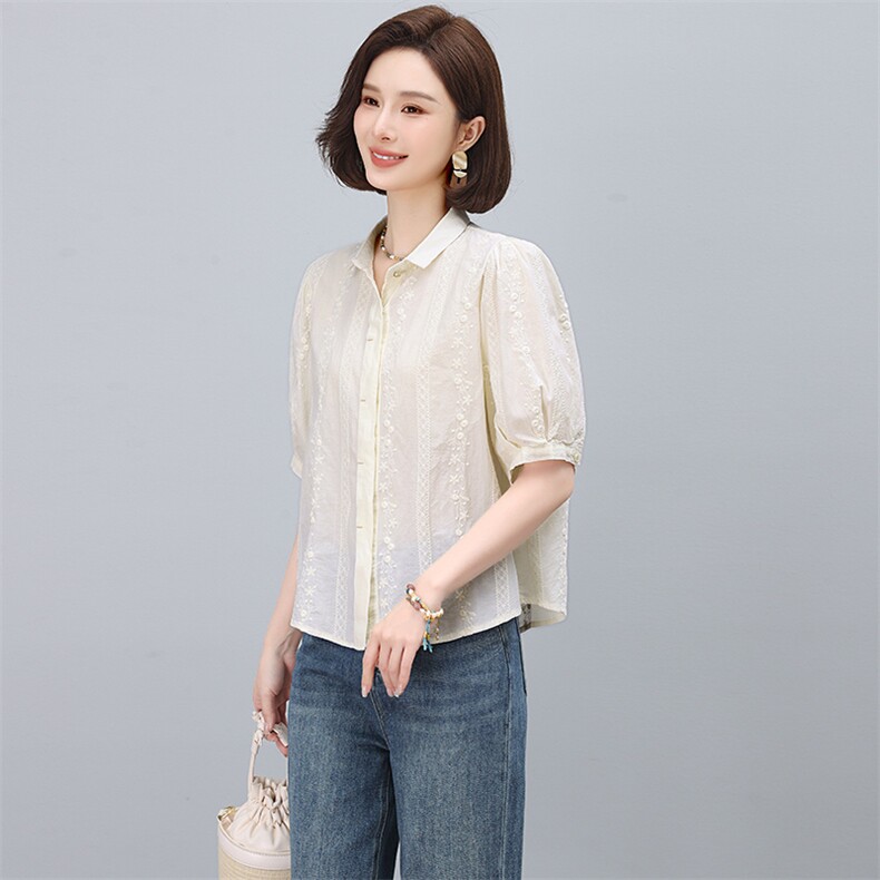 全棉衬衫女短袖夏季2025新款高级感轻奢减龄洋气小衫妈妈刺绣上衣，女装蕾丝衫/雪纺衫，多彩