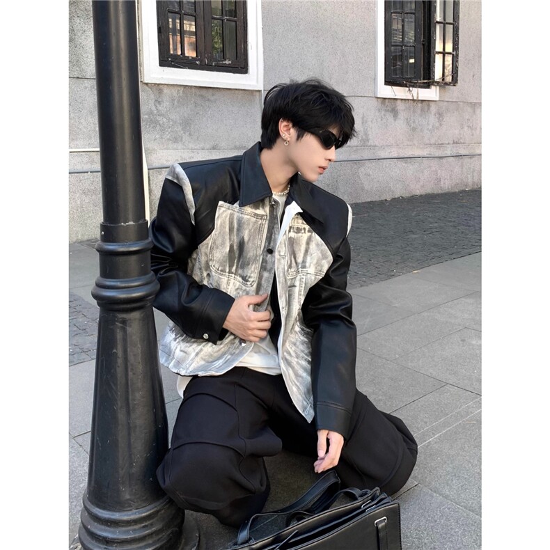 朋克拼接设计感机车皮衣男秋冬季痞帅做旧垫肩夹克外套JK857-P78,男装皮衣,星座1001-1