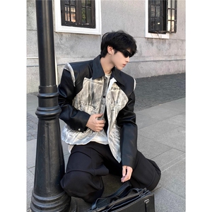 朋克拼接设计感机车皮衣男秋冬季痞帅做旧垫肩夹克外套 JK857-P78图片