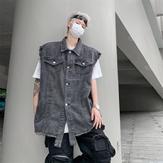 牛仔背心马甲外套男女款秋季日系宽松工装复古马夹坎肩MJ20-P55，男装背心/马甲，星座308B-1