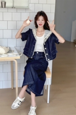 甜美蕾丝牛仔半身裙套装女夏2025新款宽松显瘦独特漂亮百搭两件套，女装套装/套裙，2C012