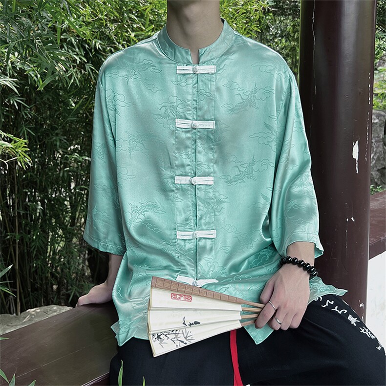 风新中式新款春夏复古冰丝网红立领衬衫CS68-P60,男装衬衫,电商A021