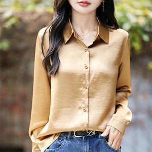 2025早春高端POLO领真丝衬衣女新款纯色显瘦桑蚕丝气质外搭衬衫韩图片