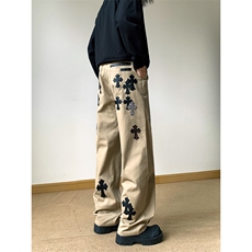 克罗风格美式高街十字贴皮男女同款宽松牛仔裤N7340-P70，男装皮裤，星座308B-2