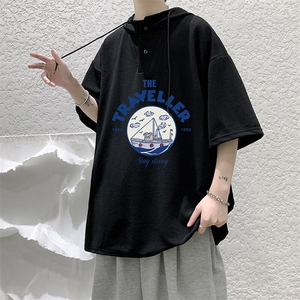 LD54410-P45NASA 连帽短袖t恤男大码胖子带帽五分袖中袖图片
