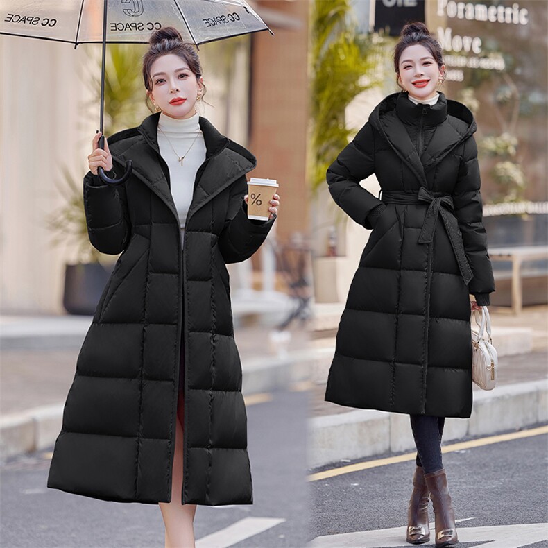 高端气质收腰长款过膝羽绒服女冬新款修身连帽保暖白鸭绒外套,女装羽绒服,水衣源