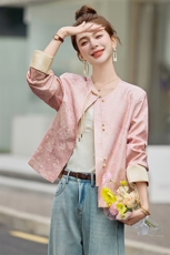 粉色提花新中式国风外套女2025新款改良流苏盘扣开春超火唐装上衣，女装套装/套裙，天丽