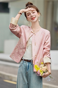 粉色提花新中式国风外套女2025新款改良流苏盘扣开春超火唐装上衣图片