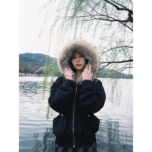 现货重磅boxy短款棉衣座山雕大毛毛领男女棉服水洗工装厚外套图片