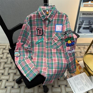 W392-P45 春季新款复古潮牌小众设计感格子刺绣长袖衬衫外套男女图片