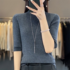 无缝精纺修身短袖立领紧身弹力t恤女2025秋季针织打底衫毛衣内搭，女装针织衫/毛衣，暖烁羊绒