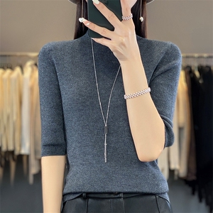 无缝精纺修身短袖立领紧身弹力t恤女2025秋季针织打底衫毛衣内搭图片