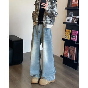 美式高街蓝色阔腿牛仔裤男宽松直筒垂感vibe休闲裤子RK2521-P50图片