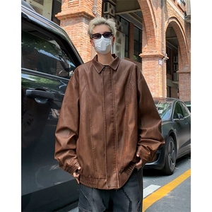 复古肌理感PU皮衣痞帅机车夹克宽松分割设计上衣外套W6140-P75图片