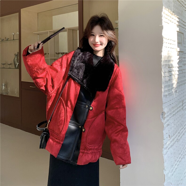 红色羊羔毛领派克羽绒服女2025冬季新款时尚皮毛一体加厚保暖外套,女装羽绒服,2C159