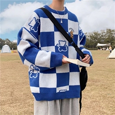复古棋盘格子小熊刺绣毛衣男情侣学生ins潮流宽松针织衫M9062-P43，男装针织衫/毛衣，星座1008-1