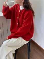 秋冬新款圆领扣气质开衫外套时尚百搭，女装针织衫/毛衣，兰叶羊绒