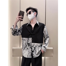 新中式宽松扎染长袖衬衫男装bf潮流拼接假两件盘扣衬衣网图，男装衬衫，星座410-6（原星座1304-1）