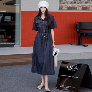 欧洲站2025夏装新款明线设计衬衫牛仔裙女长款薄款天丝牛仔连衣裙图片