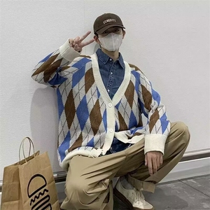 菱形格子毛衣男秋冬季港风复古ins潮流针织衫 M5516 P40图片
