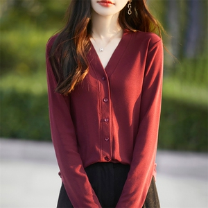 2025春秋新安可拉红弹力棉开衫女短外套收腰显瘦超好看外搭v上衣图片