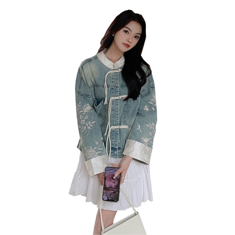 时尚新中式短款牛仔外套女2024新款时尚休闲夹克上衣,女装牛仔外套,千千佰惠