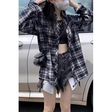 潮撞色格子衬衫男女款春秋季2025新款宽松休闲长袖百搭衬衣复古，男装衬衫，星座506A