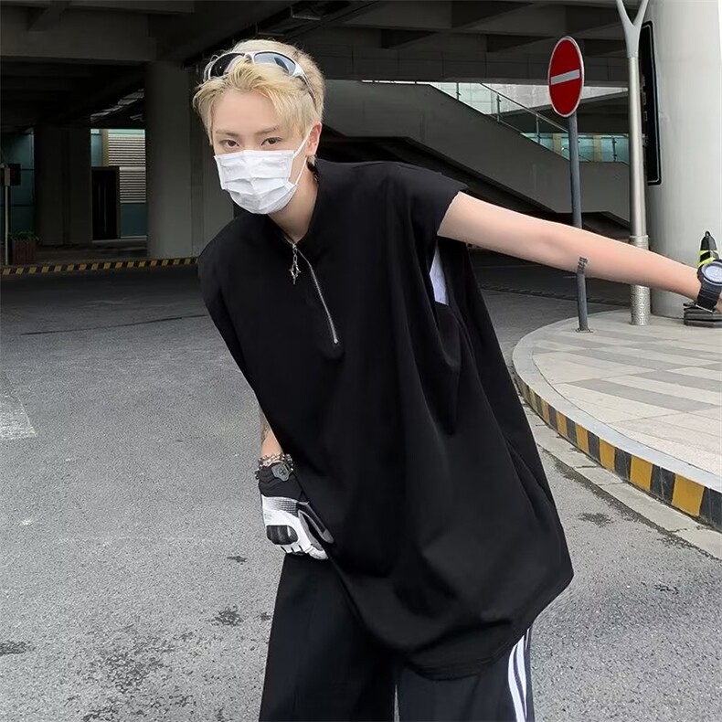 半高领拉链背心男小众设计感垫肩无袖t恤高级感运动健身纯色坎肩图片