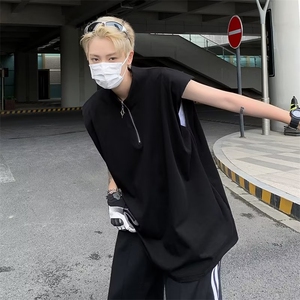 半高领拉链背心男小众设计感垫肩无袖t恤高级感运动健身纯色坎肩图片