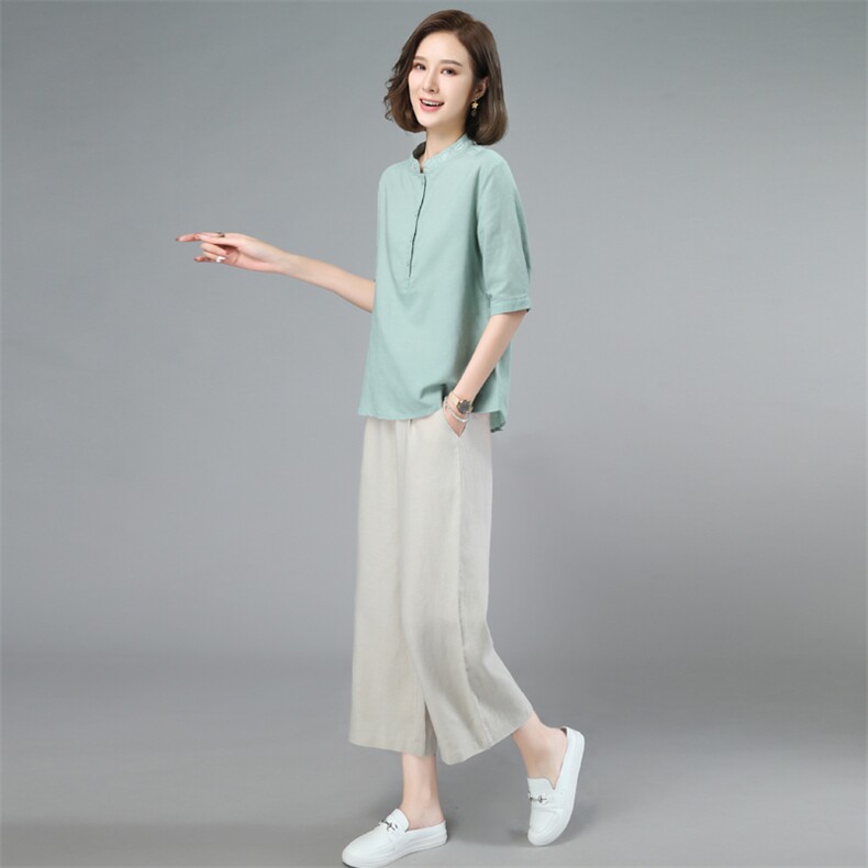 棉麻短袖衬衫女2024新款夏季时尚遮肚子高端苎麻衬衣妈妈薄款上衣,女装套装/套裙,璐依舞