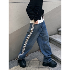 B221美式ins高街小众宽松三条杠运动牛仔裤LK23130-P60控78，男装牛仔裤，电商B221