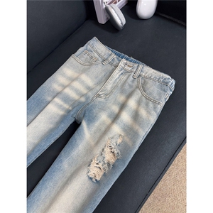 B221 美式ins高街暗黑宽松直筒破洞牛仔裤 LK25505-特P45控78图片