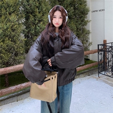 棕色羊羔毛领pu皮羽绒服外套女秋冬2025新款短款机车服夹克上衣，女装羽绒服，2C321