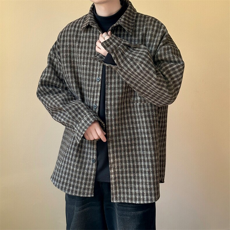 2025春新款呢子外套宽松休闲格子呢料衬衣外套A351-AJ2552-P75,男装夹克,电商A351
