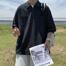 夏季半拉链翻领Polo衫潮牌ins宽松T恤日系纯色上衣男 W3181-P28图片