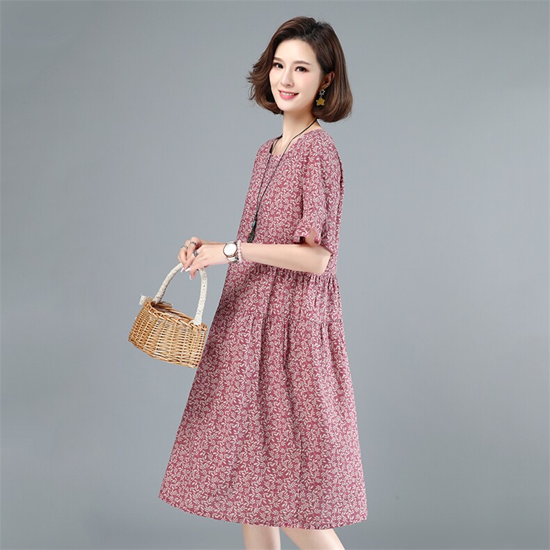 2021年夏季花色通勤圆领宽松腰套头荷叶袖短袖中长款褶皱连衣裙，女装大码女装，叶笙衣