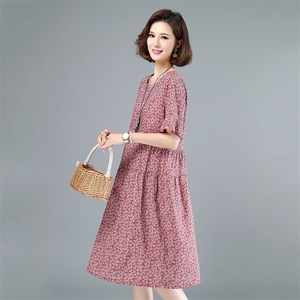 2021年夏季 花色 通勤 圆领 宽松腰 套头 荷叶袖 短袖 中长款 褶皱连衣裙,女装大码女装,叶笙衣