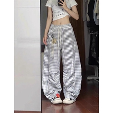 星星挂饰千鸟格子弯刀裤男女夏季薄款慵懒松弛感美式直筒阔腿裤子，男装休闲裤，星座313A(原308A-2)