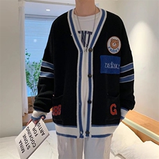秋季慵懒风拼色V领开衫毛衣复古宽松情侣装休闲针织衫M1071-P50，男装针织衫/毛衣，星座512-2