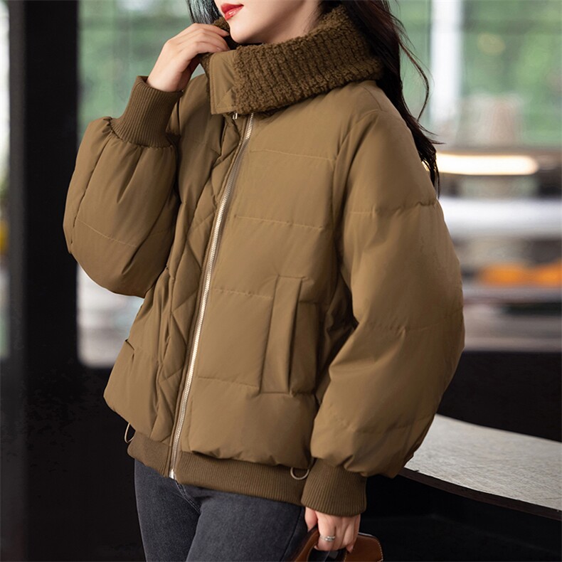 羊羔毛拼接大翻领羽绒服女2024冬新款小个子短款时尚加厚保暖外套，女装羽绒服，婷轩阁