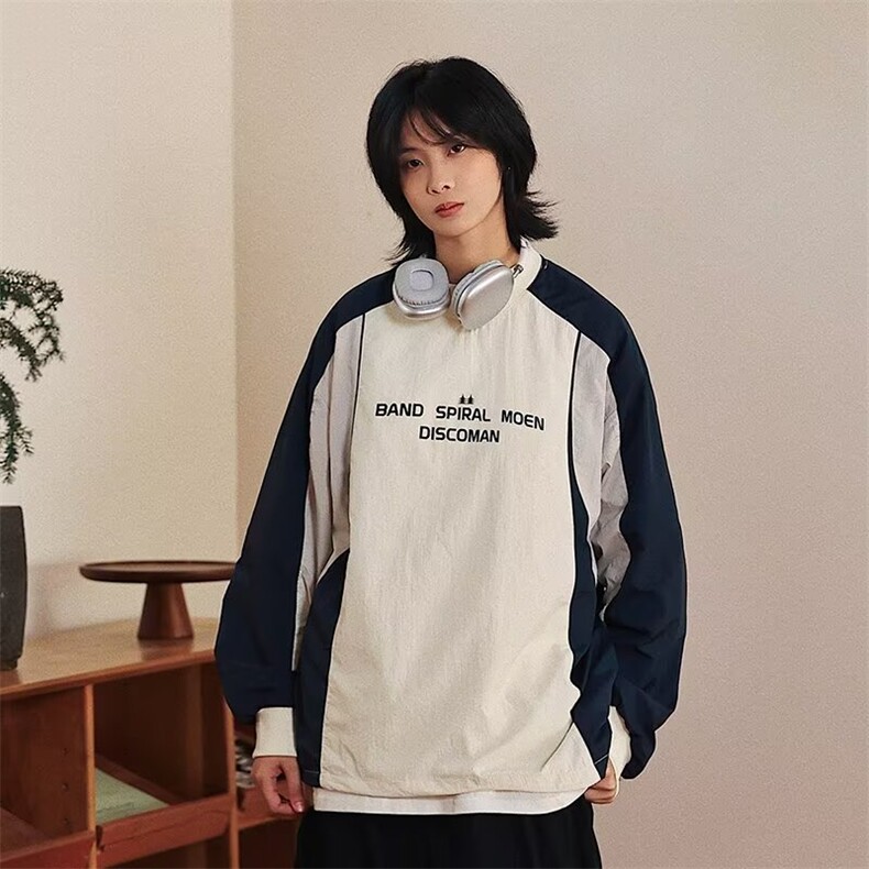 美式机能防泼水户外撞色轻薄外套男生情侣款套头卫衣宽松休闲上衣图片