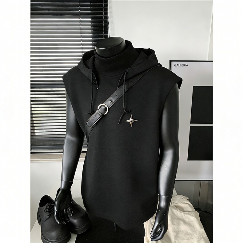 可拆卸帽子背心百搭坎肩短袖T恤痞帅背心黑武士风1016-1T338P43，男装背心/马甲，星座1016-1（原电商B408-1）